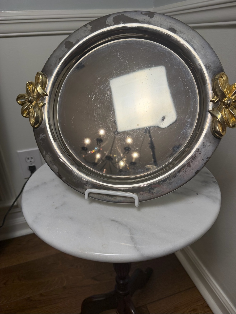 Vintage Silver & Gold Floral Serving Tray | 15” Round
